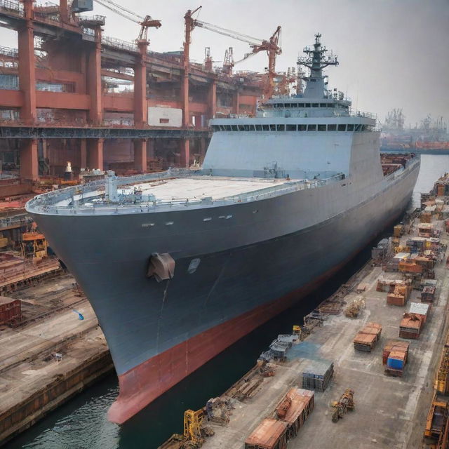 In a bustling shipyard, the creation of a modern steel ship takes place, incorporating sleek lines and advanced technology in perfect harmony.