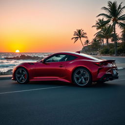 A sleek, modern sports car parked on a picturesque coastal road overlooking a sunset