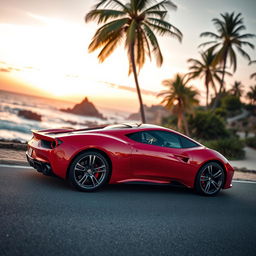 A sleek, modern sports car parked on a picturesque coastal road overlooking a sunset