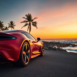 A sleek, modern sports car parked on a picturesque coastal road overlooking a sunset