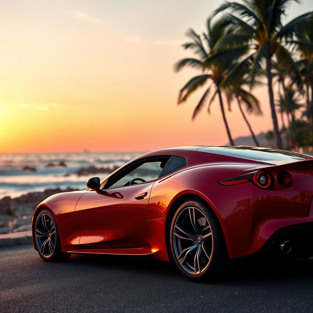 A sleek, modern sports car parked on a picturesque coastal road overlooking a sunset