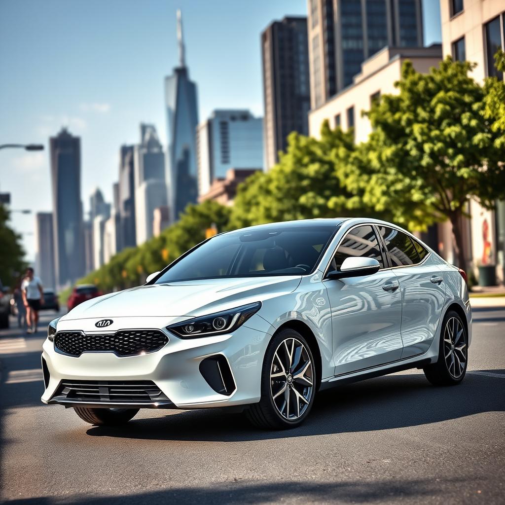 A sleek white Kia Proceed, showcasing its stylish and modern design, parked on an urban street