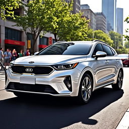 A sleek white Kia Proceed, showcasing its stylish and modern design, parked on an urban street