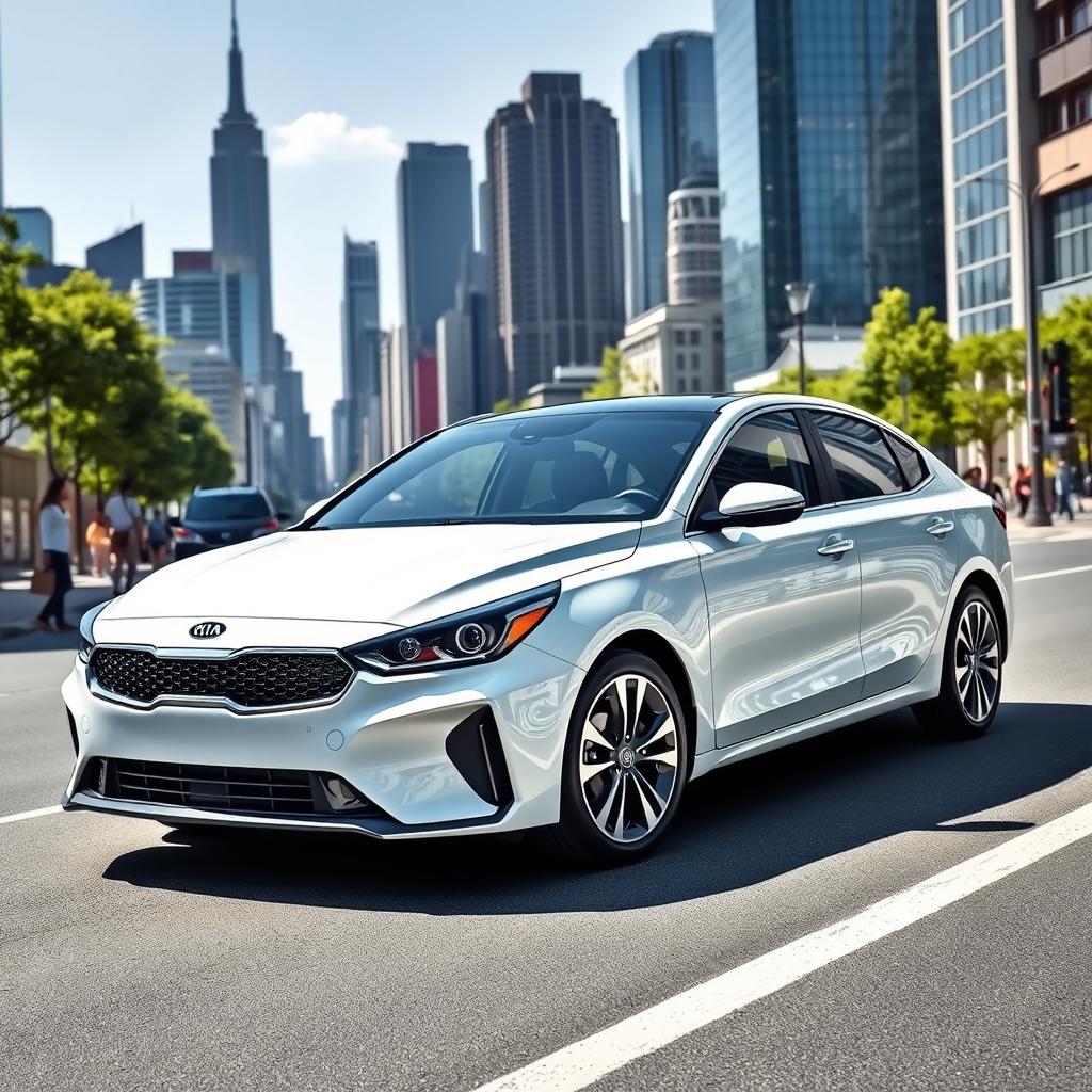 A sleek white Kia Proceed, showcasing its stylish and modern design, parked on an urban street