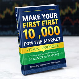 A beautiful and eye-catching book cover design for a stock market guide titled 'Make Your First 10,000 from the Stock Market – Even with Just 30 Minutes a Day!'