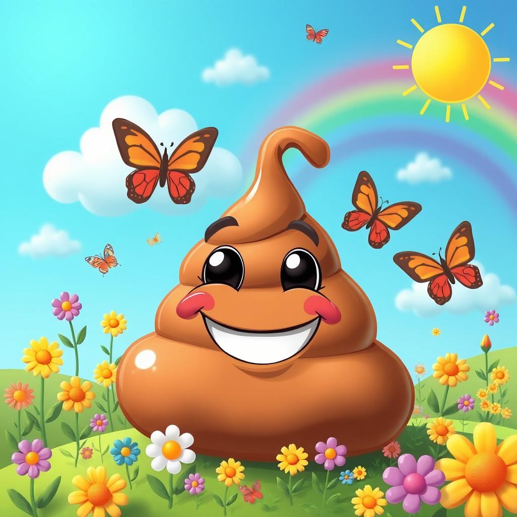 Creative and whimsical depiction of a cartoonish poop emoji, smiling cheerfully in a vibrant, colorful landscape