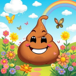 Creative and whimsical depiction of a cartoonish poop emoji, smiling cheerfully in a vibrant, colorful landscape