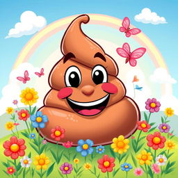 Creative and whimsical depiction of a cartoonish poop emoji, smiling cheerfully in a vibrant, colorful landscape