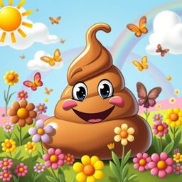 Creative and whimsical depiction of a cartoonish poop emoji, smiling cheerfully in a vibrant, colorful landscape