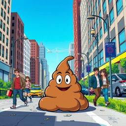 A humorous scene depicting cartoon-style poop in an urban setting, showcasing comic elements