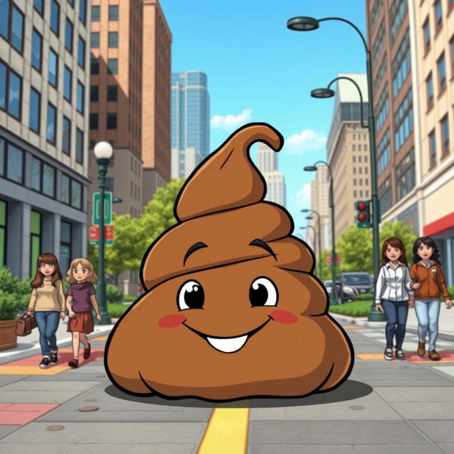 A humorous scene depicting cartoon-style poop in an urban setting, showcasing comic elements