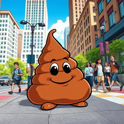 A humorous scene depicting cartoon-style poop in an urban setting, showcasing comic elements