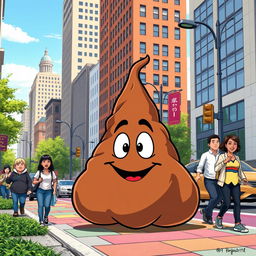 A humorous scene depicting cartoon-style poop in an urban setting, showcasing comic elements