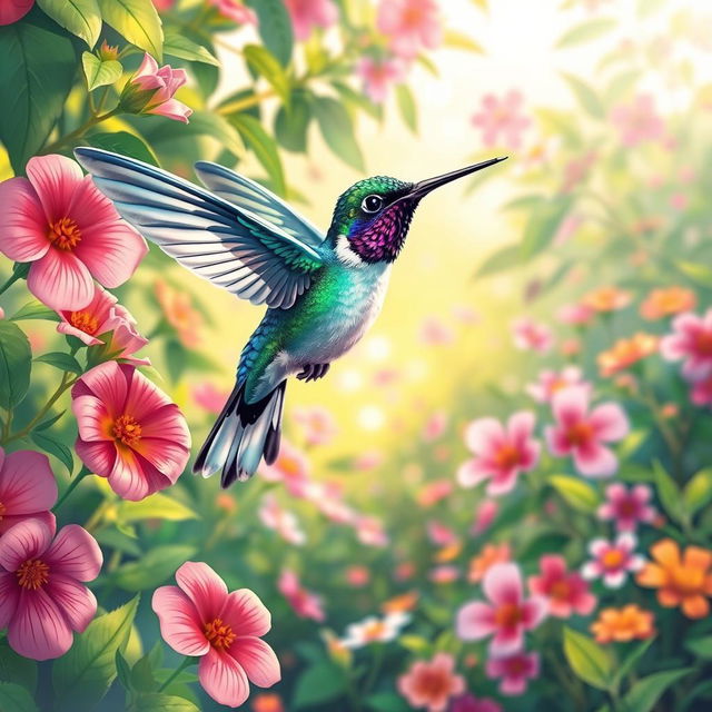 A vibrant and colorful illustration of a hummingbird hovering near bright flowers