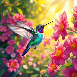 A vibrant and colorful illustration of a hummingbird hovering near bright flowers