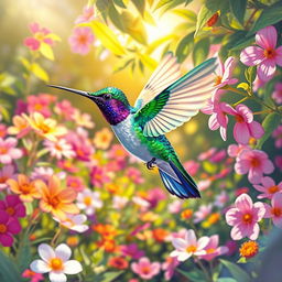 A vibrant and colorful illustration of a hummingbird hovering near bright flowers