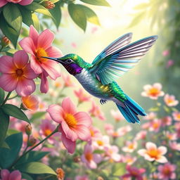 A vibrant and colorful illustration of a hummingbird hovering near bright flowers