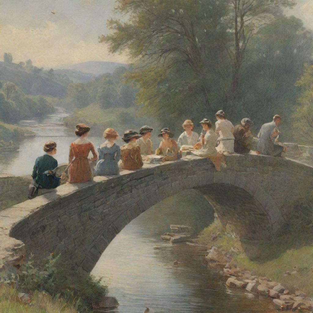 A lively book club meeting taking place on a picturesque bridge, with members engrossed in their books, and the bridge and books prominently featured in the poster.
