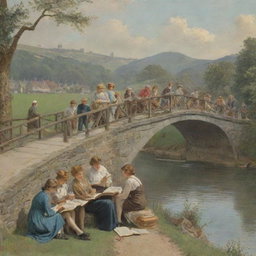 A lively book club meeting taking place on a picturesque bridge, with members engrossed in their books, and the bridge and books prominently featured in the poster.