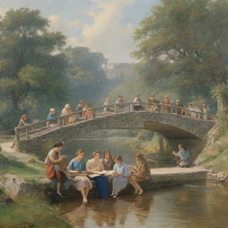 A lively book club meeting taking place on a picturesque bridge, with members engrossed in their books, and the bridge and books prominently featured in the poster.