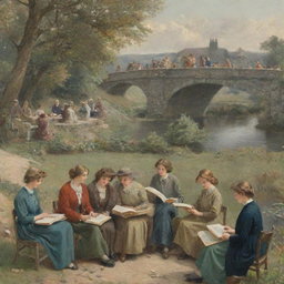 A lively book club meeting taking place on a picturesque bridge, with members engrossed in their books, and the bridge and books prominently featured in the poster.