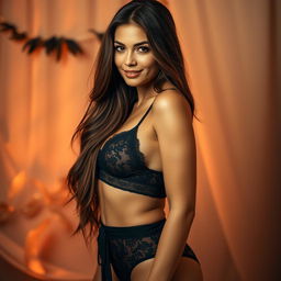 A seductive portrait of a beautiful woman with long flowing hair, wearing a stylish and elegant black lingerie set