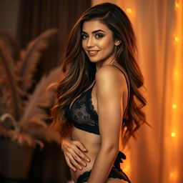 A seductive portrait of a beautiful woman with long flowing hair, wearing a stylish and elegant black lingerie set