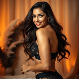 A seductive portrait of a beautiful woman with long flowing hair, wearing a stylish and elegant black lingerie set