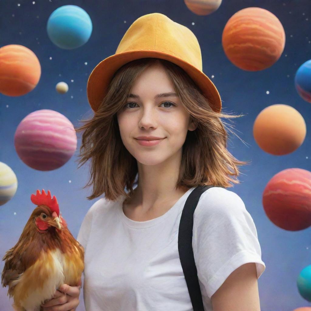 An adventurous girl with shoulder-length brown hair, confidently strolling about an array of rotating, vibrant-colored planets, wearing a charming chicken hat