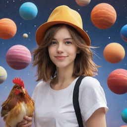 An adventurous girl with shoulder-length brown hair, confidently strolling about an array of rotating, vibrant-colored planets, wearing a charming chicken hat