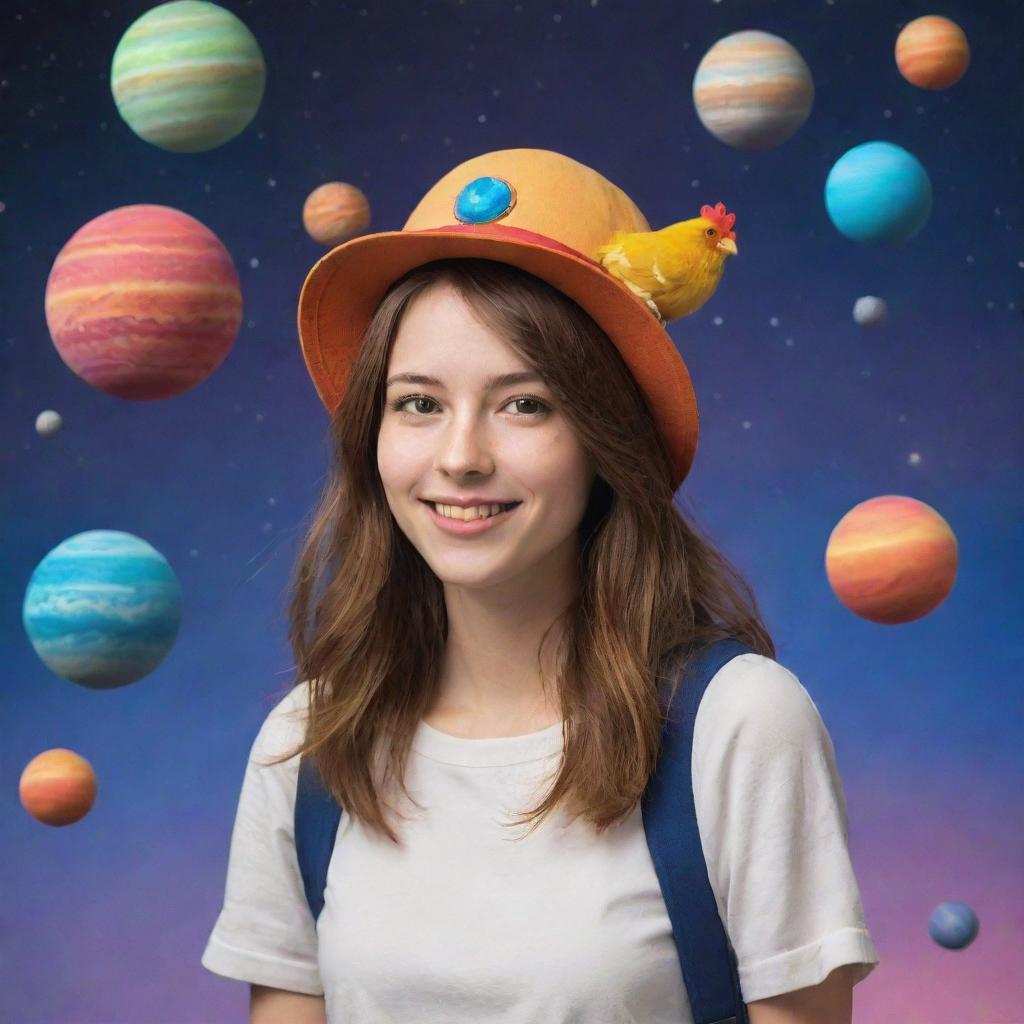 An adventurous girl with shoulder-length brown hair, confidently strolling about an array of rotating, vibrant-colored planets, wearing a charming chicken hat