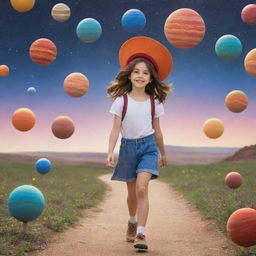 An adventurous girl with shoulder-length brown hair, confidently strolling about an array of rotating, vibrant-colored planets, wearing a charming chicken hat