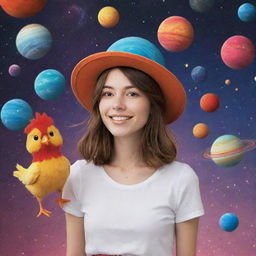 An adventurous girl with shoulder-length brown hair, confidently strolling about an array of rotating, vibrant-colored planets, wearing a charming chicken hat