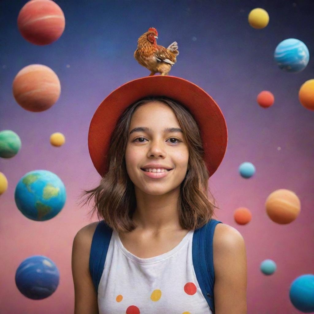 A Dominican girl with shoulder-length brown hair, full of curiosity, walking among a myriad of colorful, revolving planets, while sporting a playful chicken hat