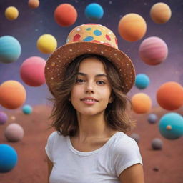 A Dominican girl with shoulder-length brown hair, full of curiosity, walking among a myriad of colorful, revolving planets, while sporting a playful chicken hat