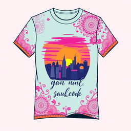 A stylish, modern t-shirt design featuring vibrant colors and intricate patterns