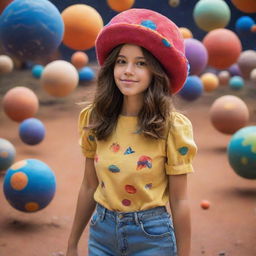 A Dominican girl with shoulder-length brown hair, full of curiosity, walking among a myriad of colorful, revolving planets, while sporting a playful chicken hat