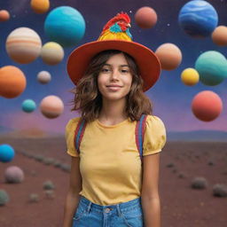 A Dominican girl with shoulder-length brown hair, full of curiosity, walking among a myriad of colorful, revolving planets, while sporting a playful chicken hat