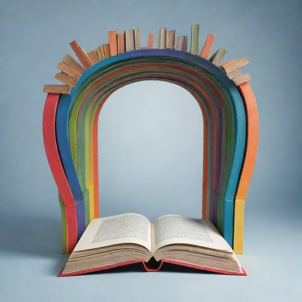 Illustration of a metaphorical bridge made from colourful, opened books, leading towards a mirror reflecting the viewer, symbolizing the phrase 'A book is a bridge to know ourselves better'.
