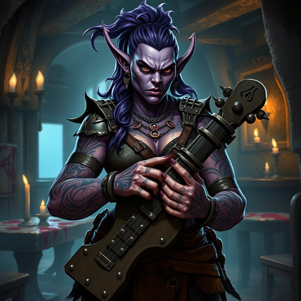 A fierce and captivating female purple orc bard, exuding an aura of malevolence and aggression