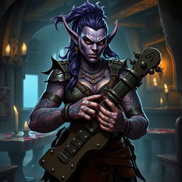 A fierce and captivating female purple orc bard, exuding an aura of malevolence and aggression