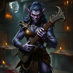 A fierce and captivating female purple orc bard, exuding an aura of malevolence and aggression