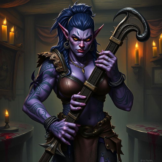 A fierce and captivating female purple orc bard, exuding an aura of malevolence and aggression