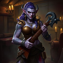 A fierce and captivating female purple orc bard, exuding an aura of malevolence and aggression