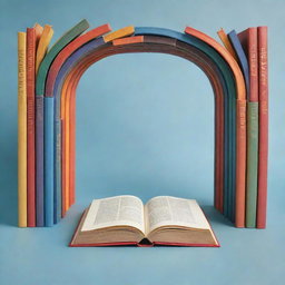 Illustration of a metaphorical bridge made from colourful, opened books, leading towards a mirror reflecting the viewer, symbolizing the phrase 'A book is a bridge to know ourselves better'.