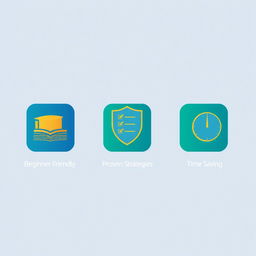 Three simple, modern icons designed in a harmonious blue, green, and gold color scheme