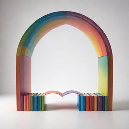 Illustration of a metaphorical bridge made from colourful, opened books, leading towards a mirror reflecting the viewer, symbolizing the phrase 'A book is a bridge to know ourselves better'.