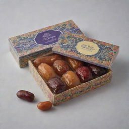 A rectangular box filled with dates inside small, transparent packages. The box is decorated with vibrant Islamic patterns, date branches and fruits. The brand, 'Tamar Garden', is prominently displayed.