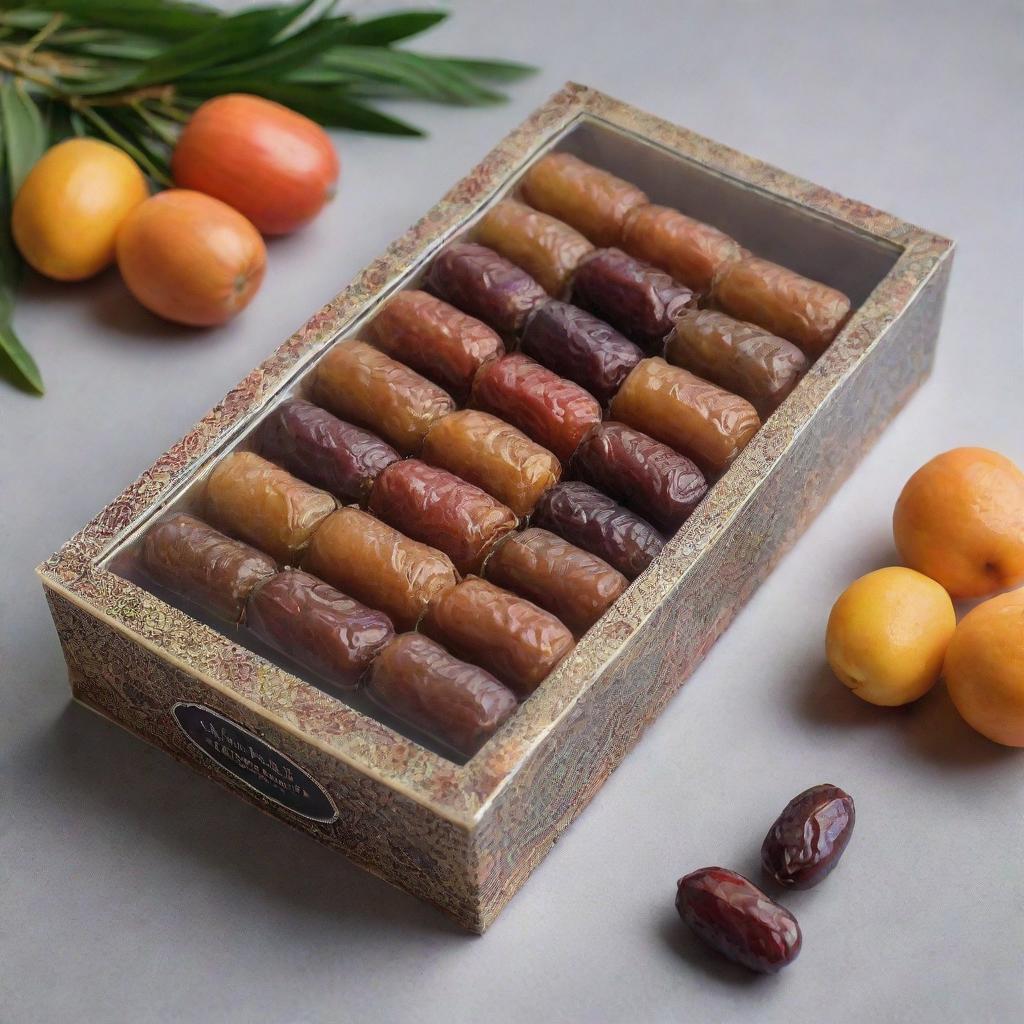 A rectangular box filled with dates inside small, transparent packages. The box is decorated with vibrant Islamic patterns, date branches and fruits. The brand, 'Tamar Garden', is prominently displayed.