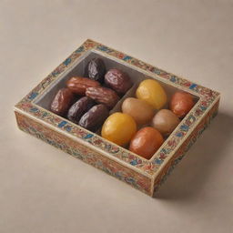 A rectangular box filled with dates inside small, transparent packages. The box is decorated with vibrant Islamic patterns, date branches and fruits. The brand, 'Tamar Garden', is prominently displayed.